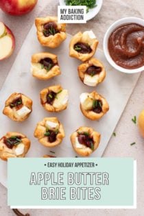 Overhead view of apple butter brie bites on a marble board. Text overlay includes recipe name.