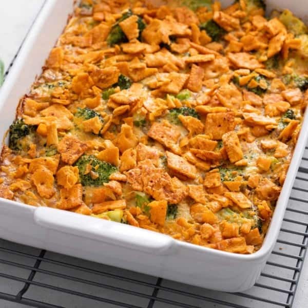 Pan of broccoli casserole cooling on a wire rack.