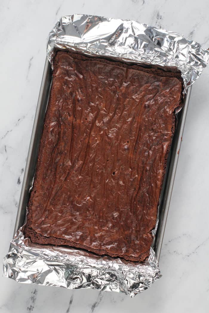 Overhead view of baked brownies in a 13x9-inch pan.