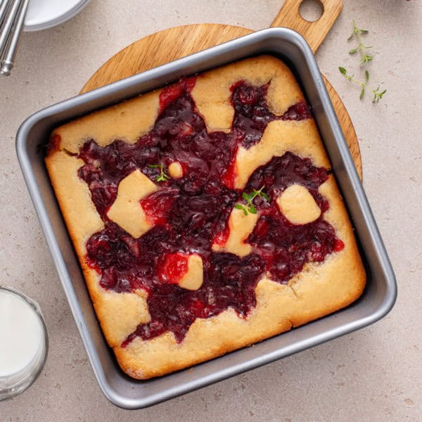 Baked easy cherry cobbler in pan.