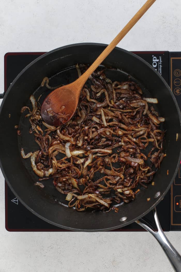 Caramelized onions in a nonstick skillet.