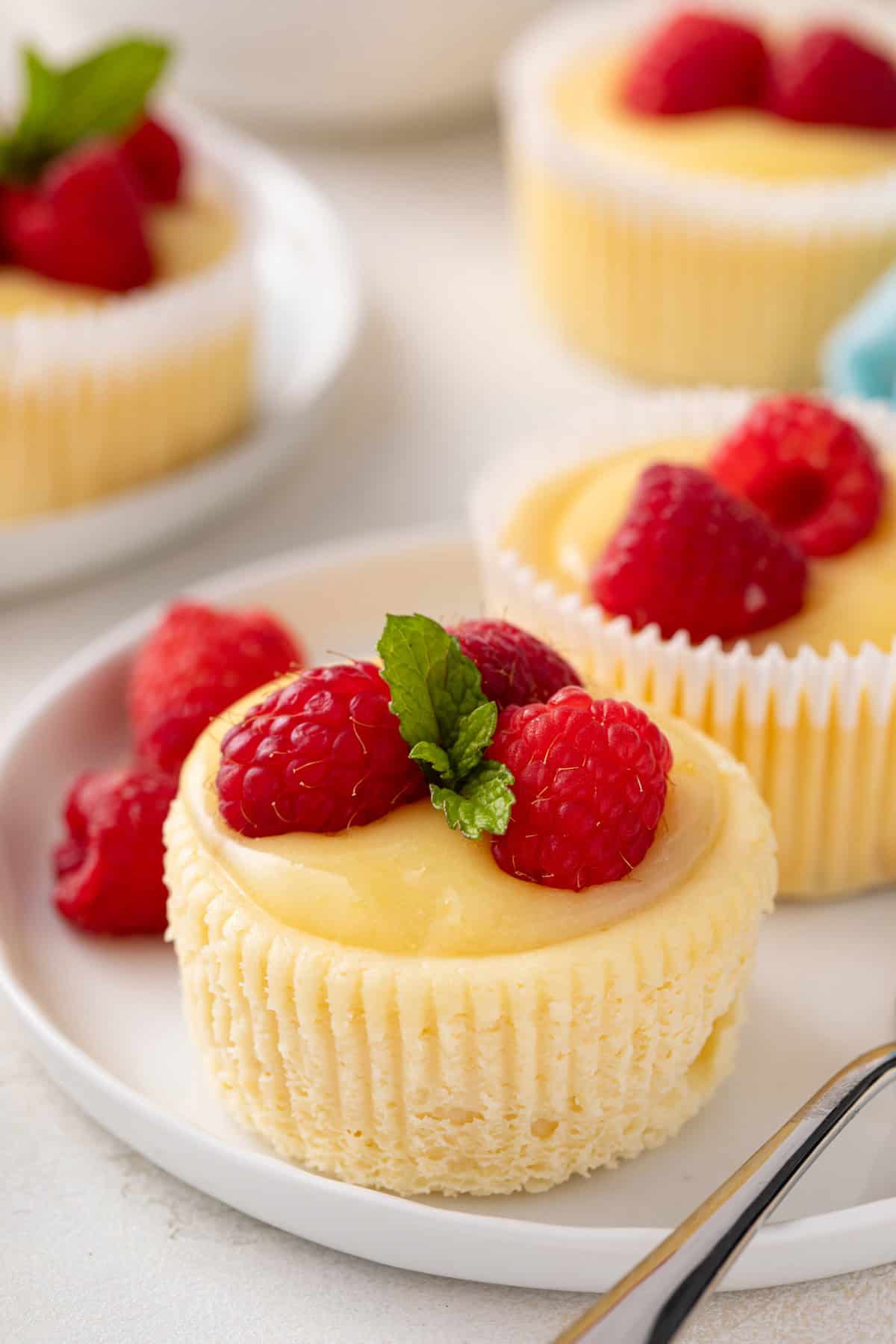 Unwrapped mini lemon cheesecake next to a wrapped mini lemon cheesecake on a white plate.