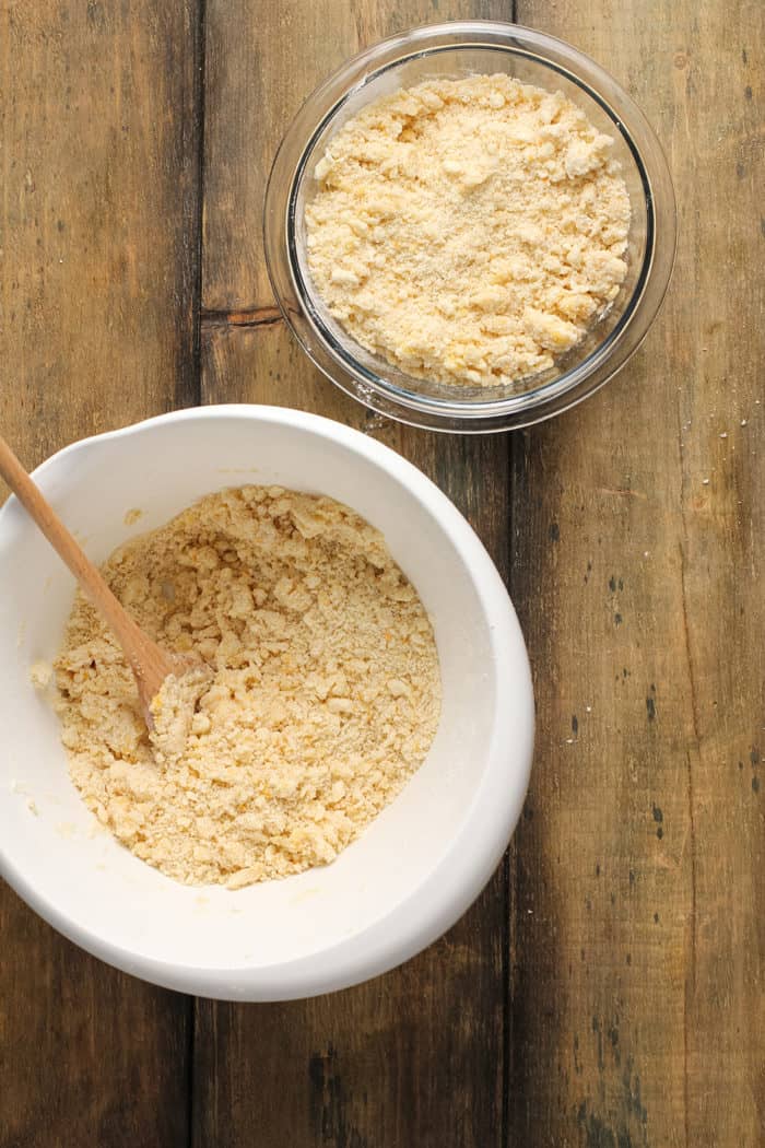 Crust and crumble topping mixture portioned out for crumb bars