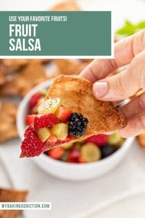 Hand holding up a cinnamon chip with a scoop of fruit salsa on it. Text overlay includes recipe name.