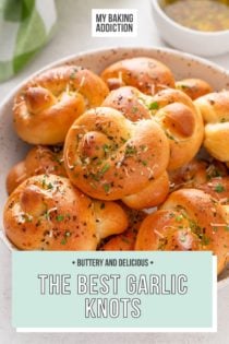 Garlic knots piled in a white bowl. Text overlay includes recipe name.