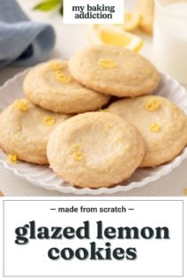 Several glazed lemon cookies arranged on a white platter. Text overlay includes recipe name.