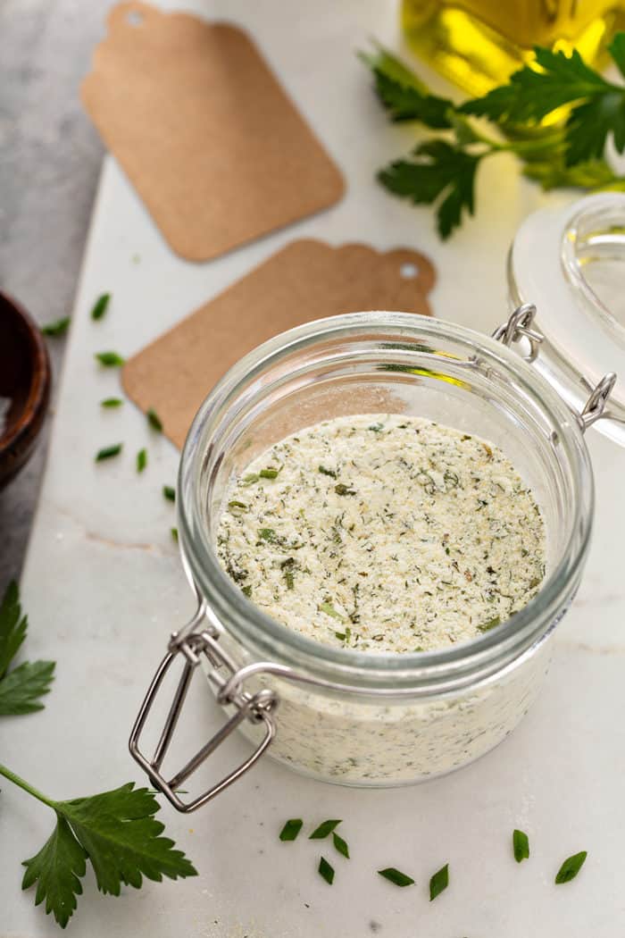 Homemade ranch seasoning in a lidded glass jar