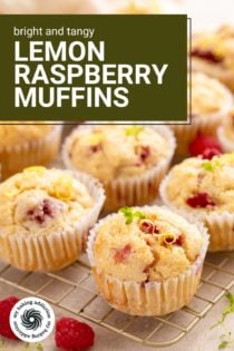 Lemon raspberry muffins arranged on a wire cooling rack. Text overlay includes recipe name.