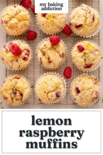 Overhead view of lemon raspberry muffins cooling on a wire rack. Text overlay includes recipe name.