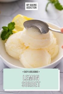 Hand dipping a spoon into a scoop of lemon sorbet in a white bowl. Text overlay includes recipe name.