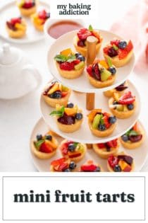 Mini fruit tarts arranged on a 3-tiered dessert tower. Text overlay includes recipe name.