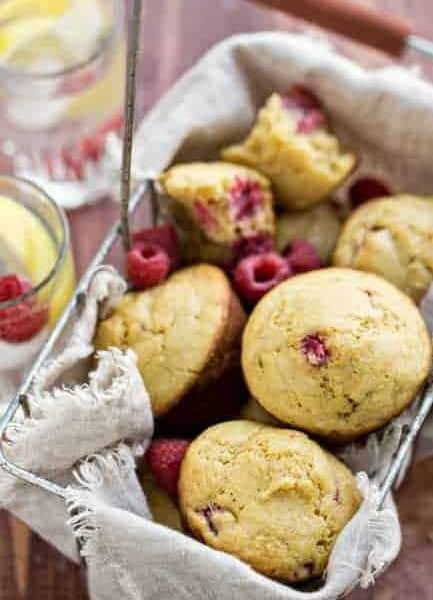 Basket of raspberry cornmeal muffins