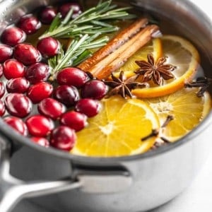 Stovetop potpourri simmering in a saucepan of water