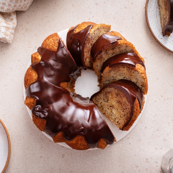 Overhead view of a sliced banana bundt cake.