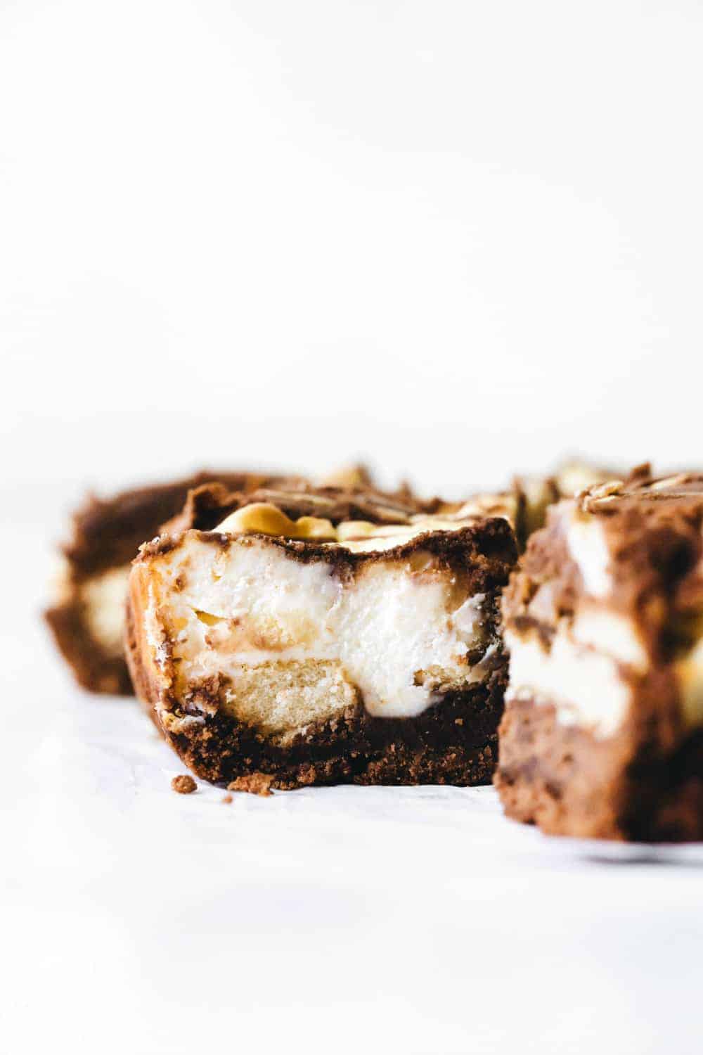 Close-up view of mascarpone filling in sliced tiramisu brownies